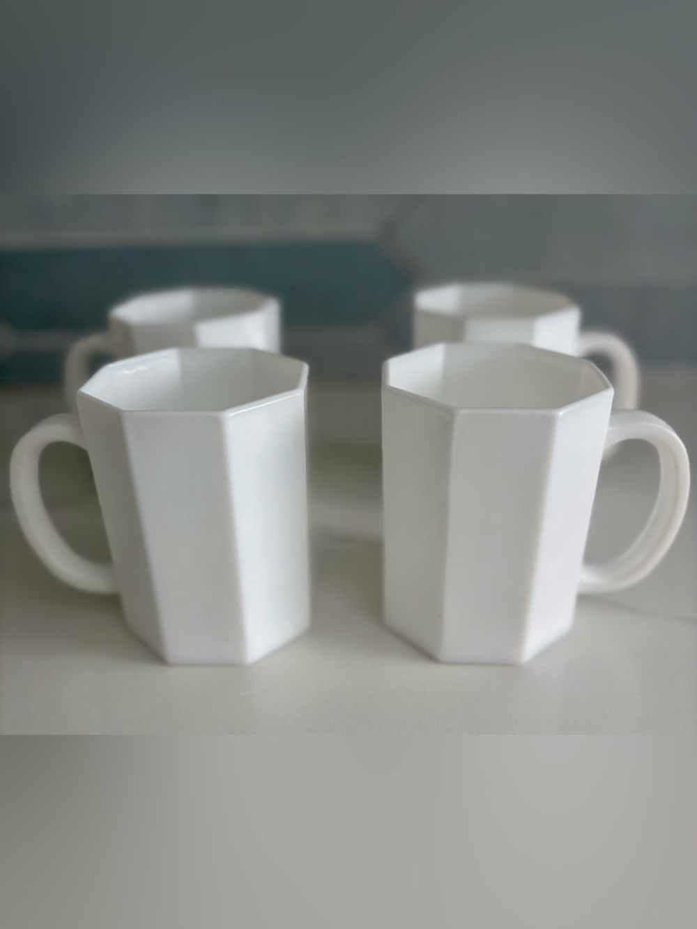 4 Vintage Arcoroc France White Glass Coffee Cups Mug 8 Oz Octagon 8 Sides EUC